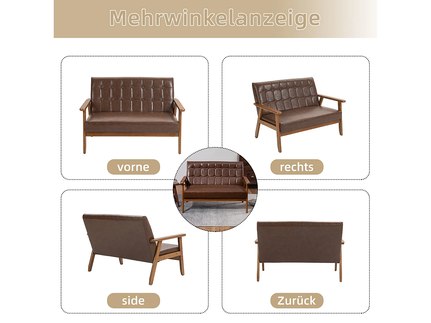 2-zits tweepersoonsbank - 114 x 73,5 x 75 cm - met sponskussen - fauteuil voor woonkamer - PU-leer - bruin