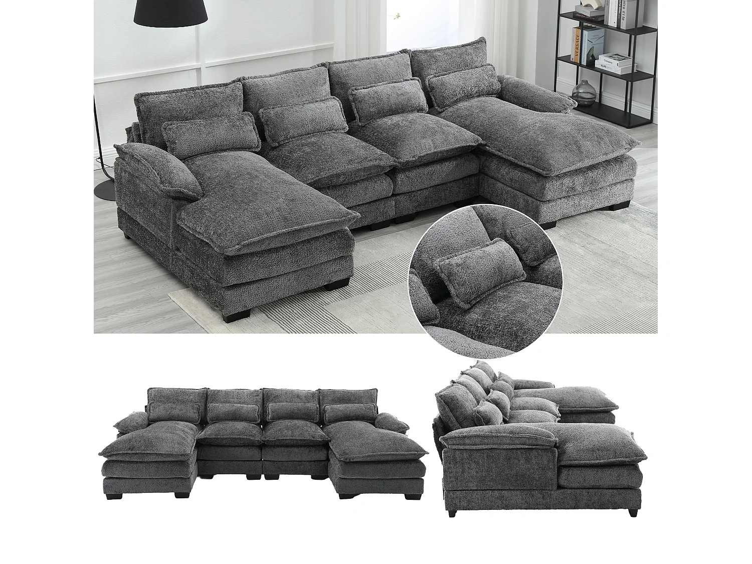 Sofá modular en U de 4 plazas - 261 x 134 x 82 cm - 4 cojines lumbares de apoyo - tejido bouclé - gris