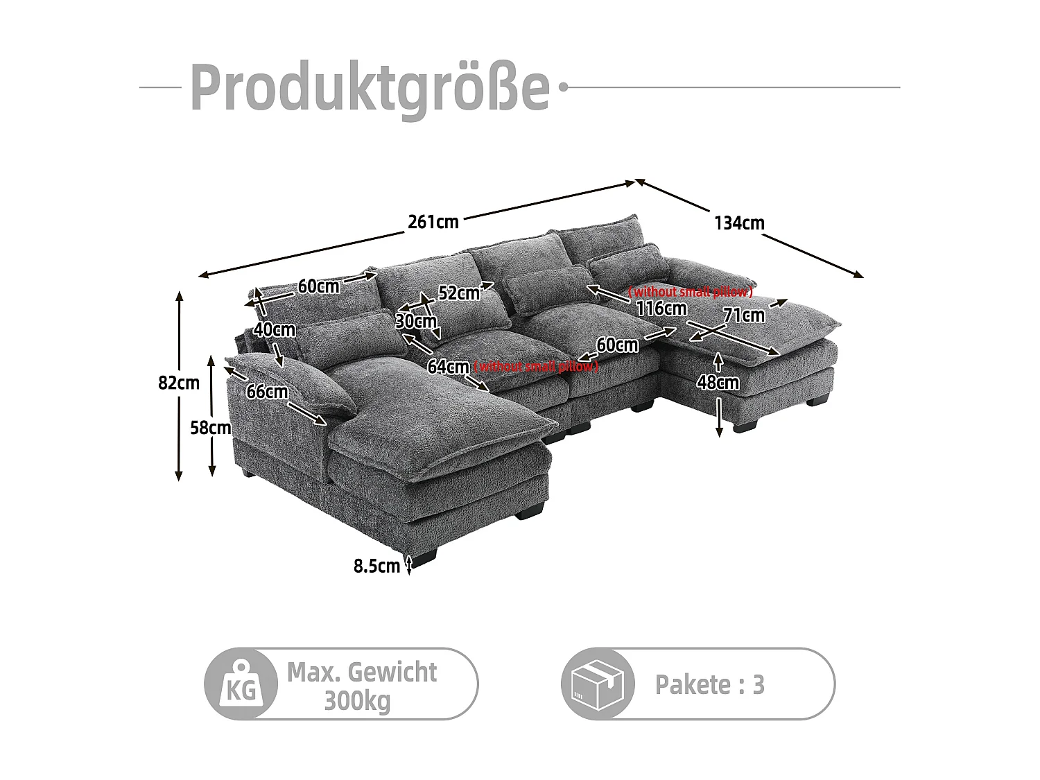 Sofá modular en U de 4 plazas - 261 x 134 x 82 cm - 4 cojines lumbares de apoyo - tejido bouclé - gris