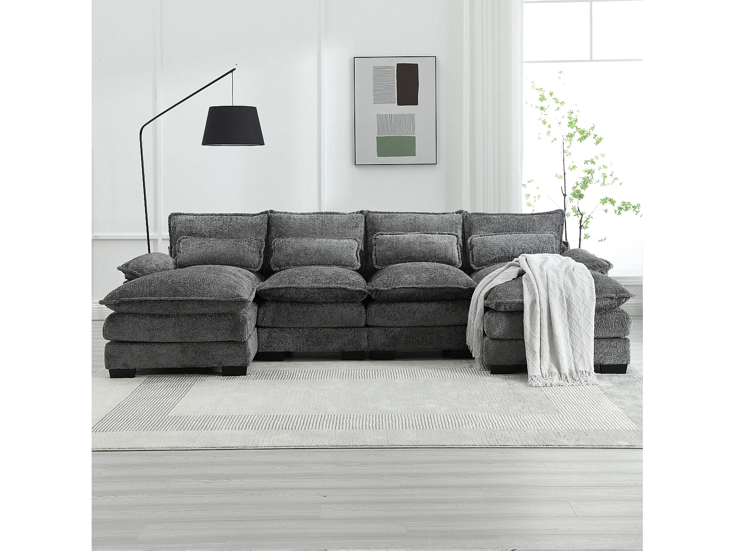 Sofá modular en U de 4 plazas - 261 x 134 x 82 cm - 4 cojines lumbares de apoyo - tejido bouclé - gris