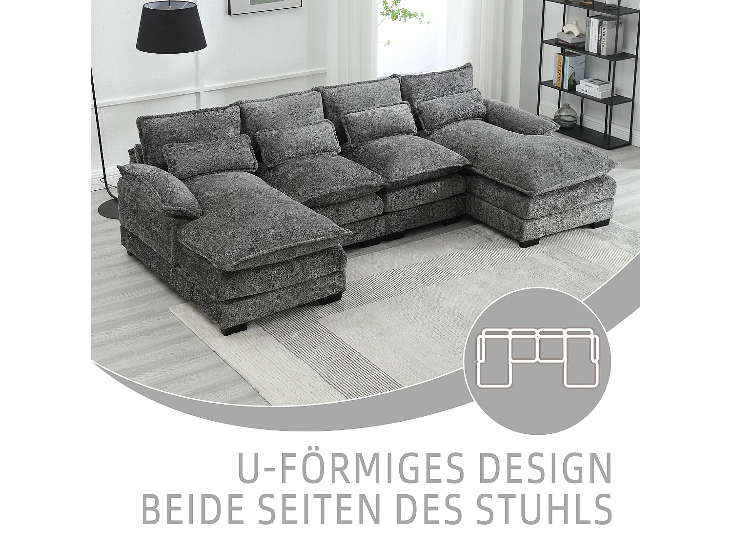 Sofá modular en U de 4 plazas - 261 x 134 x 82 cm - 4 cojines lumbares de apoyo - tejido bouclé - gris