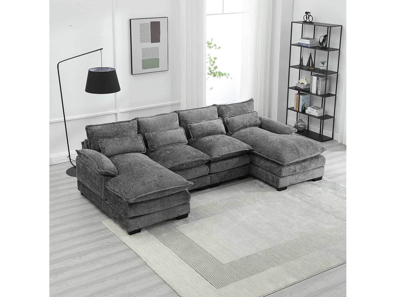 Sofá modular en U de 4 plazas - 261 x 134 x 82 cm - 4 cojines lumbares de apoyo - tejido bouclé - gris