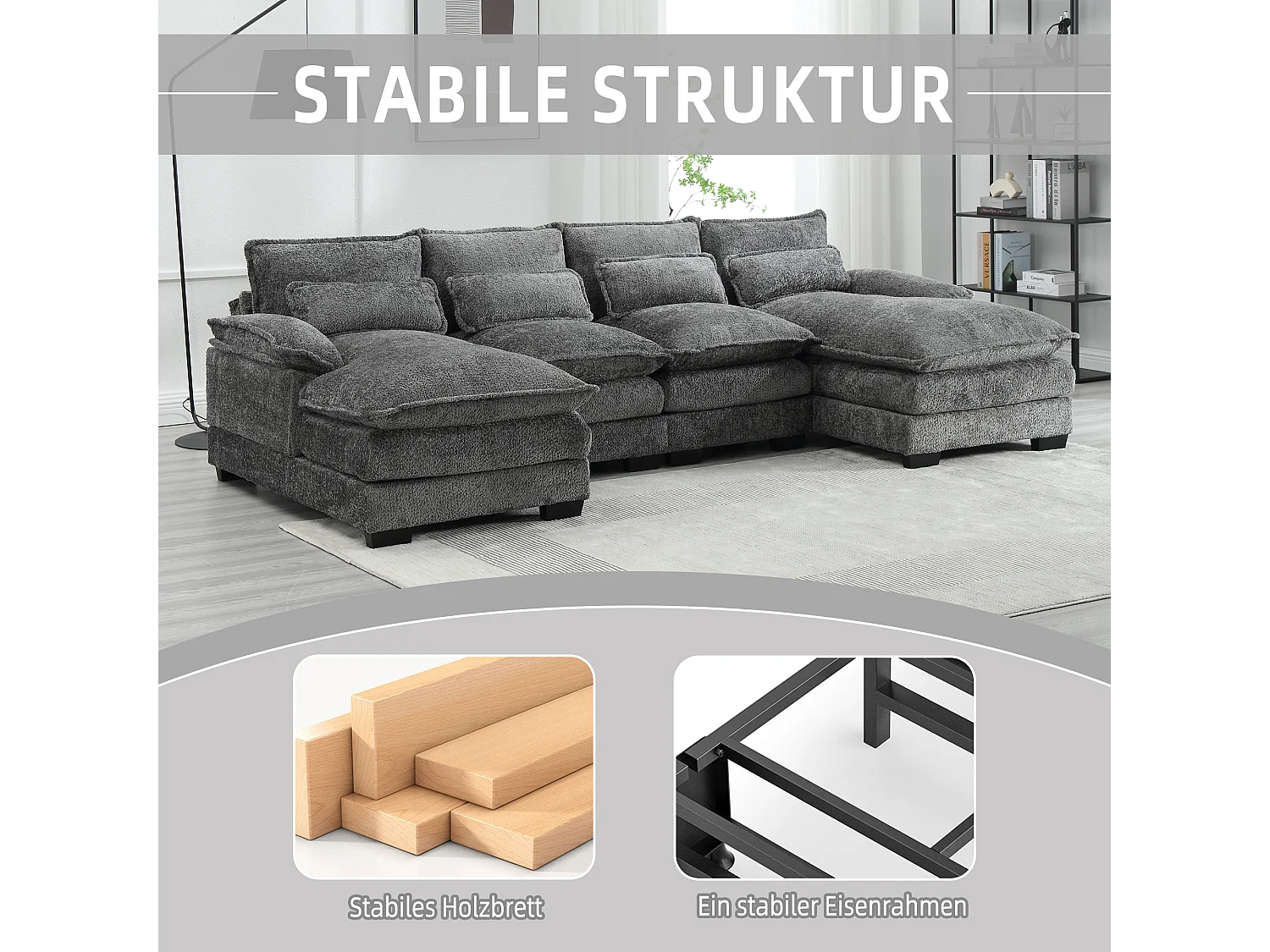 Sofá modular en U de 4 plazas - 261 x 134 x 82 cm - 4 cojines lumbares de apoyo - tejido bouclé - gris