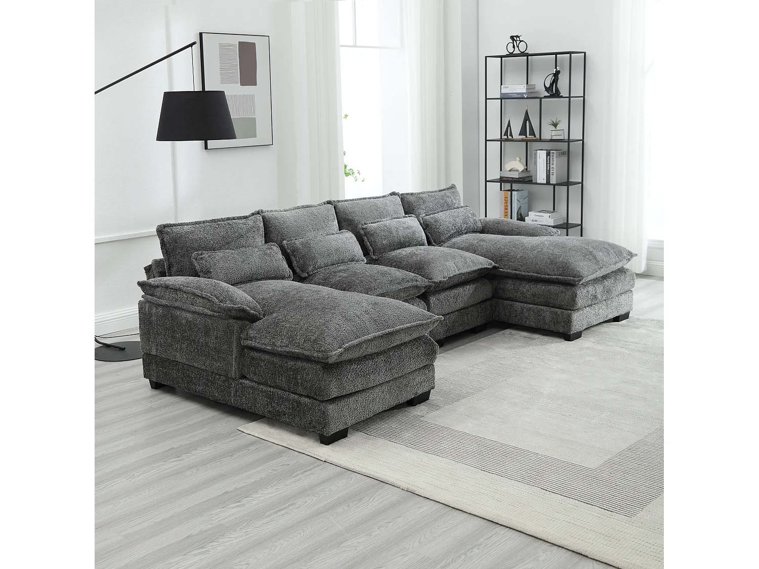 Sofá modular en U de 4 plazas - 261 x 134 x 82 cm - 4 cojines lumbares de apoyo - tejido bouclé - gris