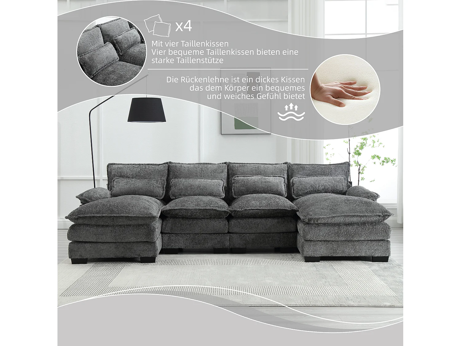 Sofá modular en U de 4 plazas - 261 x 134 x 82 cm - 4 cojines lumbares de apoyo - tejido bouclé - gris