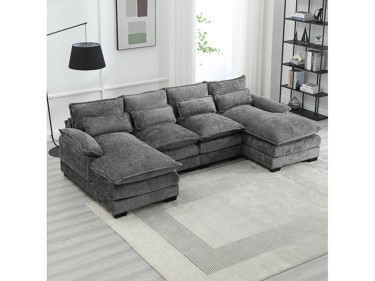 Sofá modular en U de 4 plazas - 261 x 134 x 82 cm - 4 cojines lumbares de apoyo - tejido bouclé - gris
