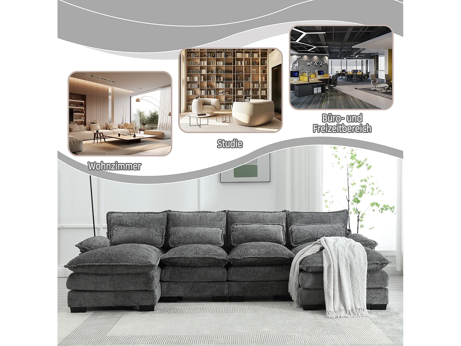 Sofá modular en U de 4 plazas - 261 x 134 x 82 cm - 4 cojines lumbares de apoyo - tejido bouclé - gris