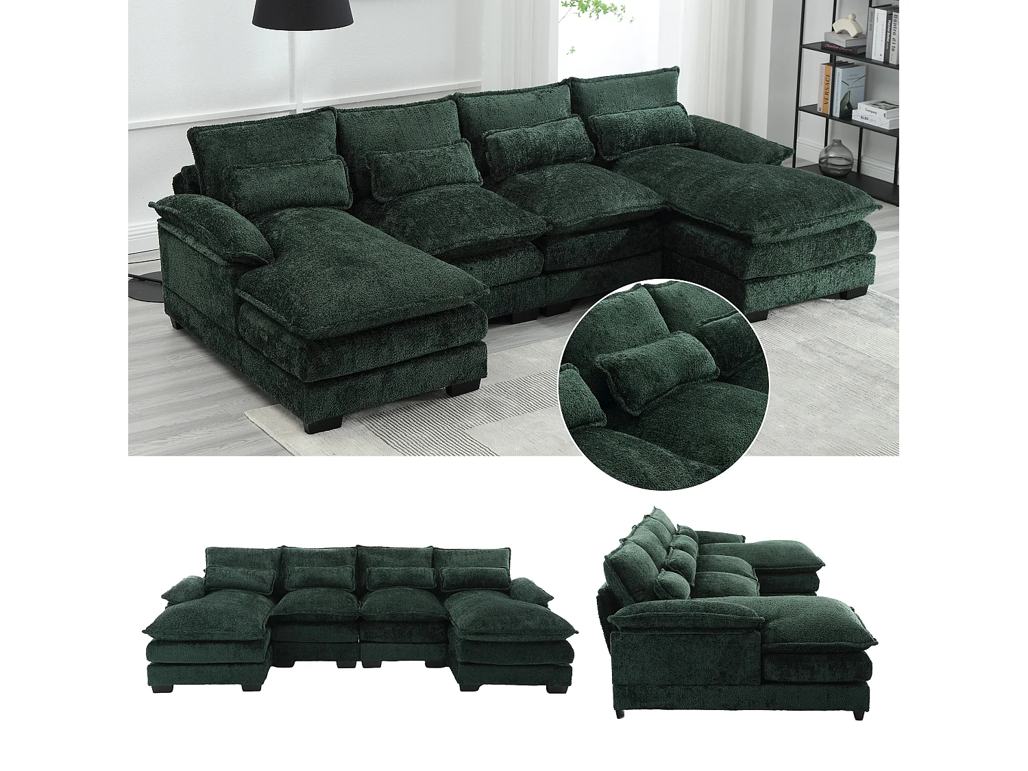Sofá modular em U de 4 lugares - 261 x 134 x 82 cm - 4 almofadas lombares para apoio - tecido bouclé - verde