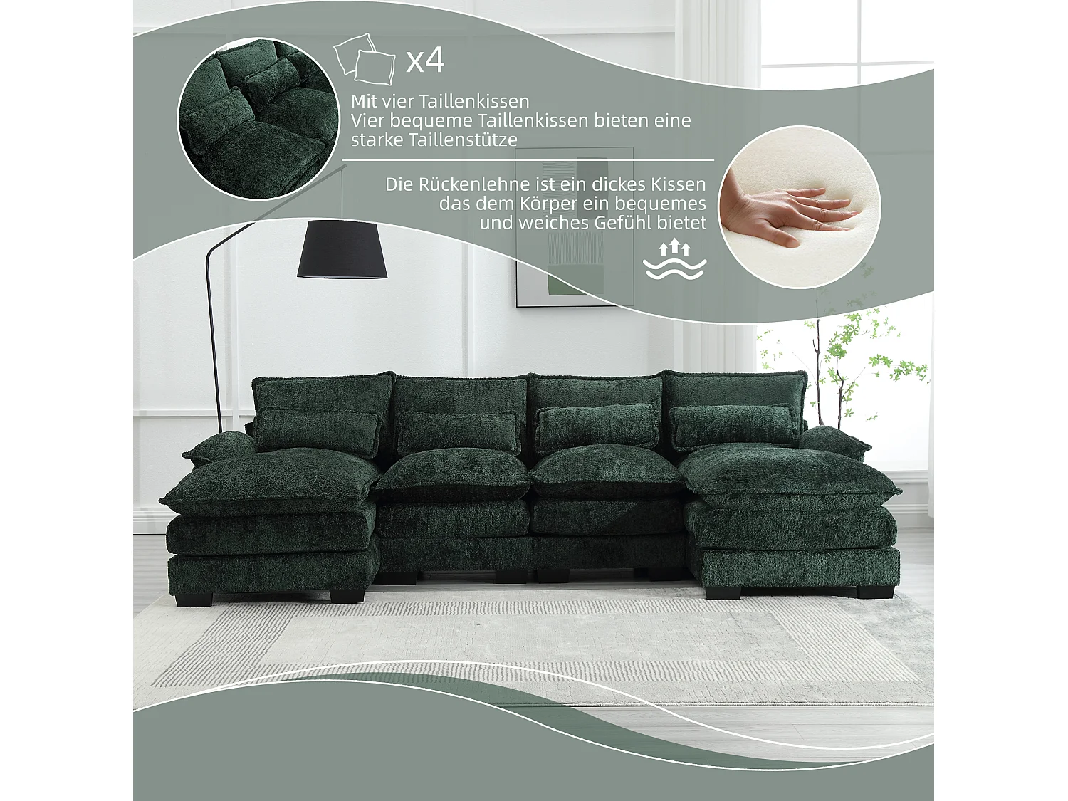 Sofá modular em U de 4 lugares - 261 x 134 x 82 cm - 4 almofadas lombares para apoio - tecido bouclé - verde