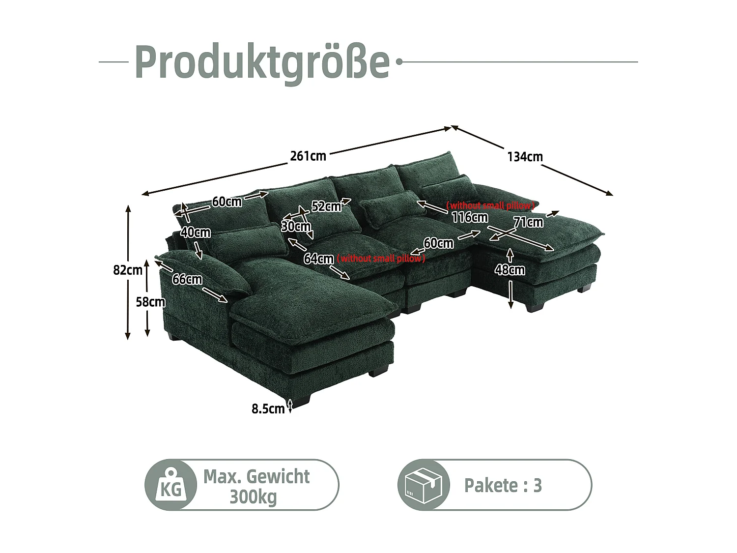 Sofá modular em U de 4 lugares - 261 x 134 x 82 cm - 4 almofadas lombares para apoio - tecido bouclé - verde
