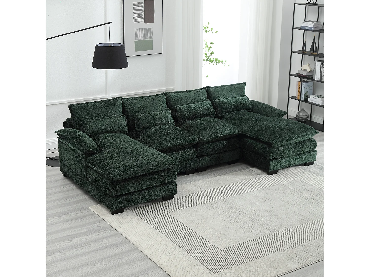 Sofá modular em U de 4 lugares - 261 x 134 x 82 cm - 4 almofadas lombares para apoio - tecido bouclé - verde
