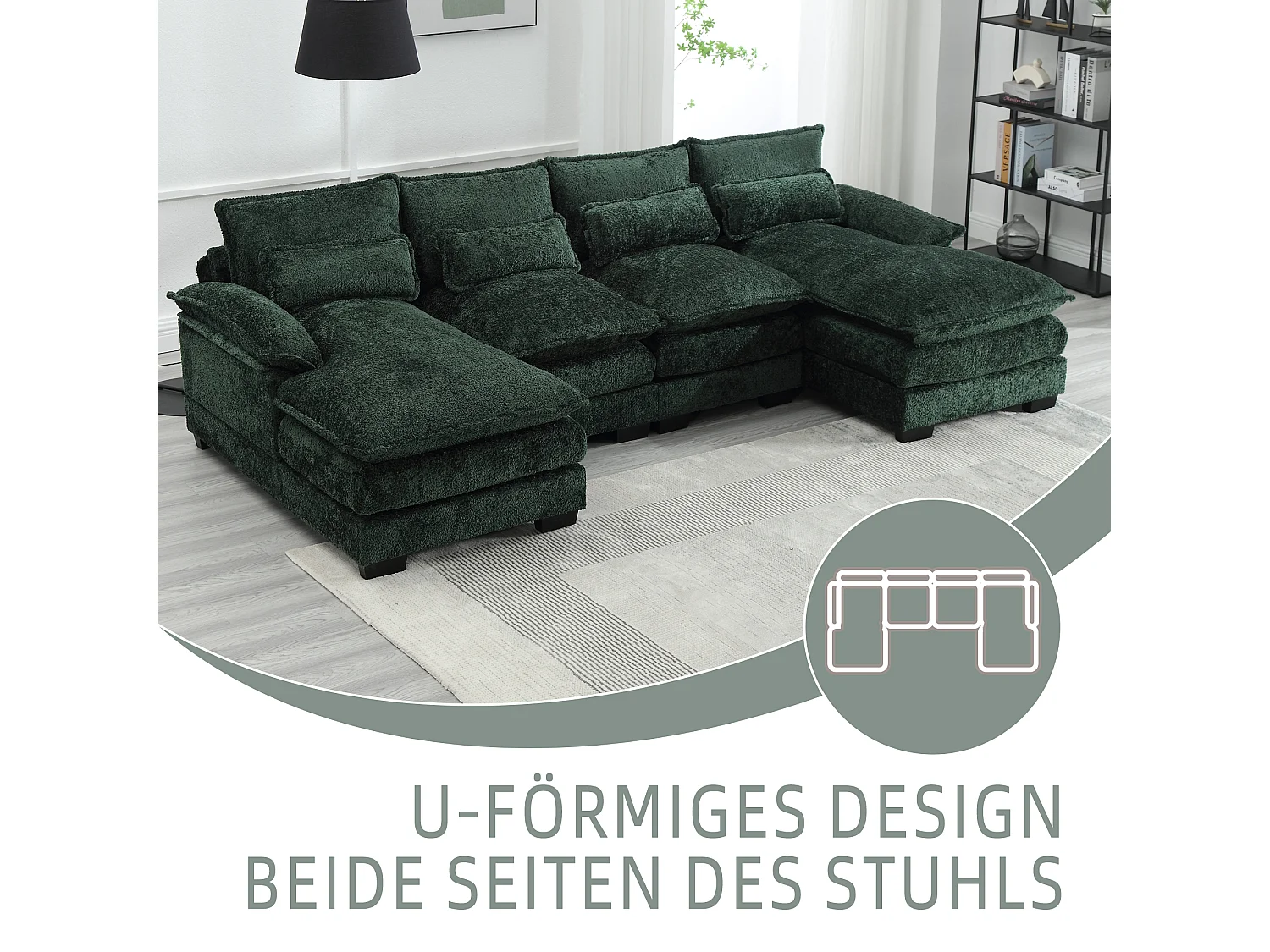 Sofá modular em U de 4 lugares - 261 x 134 x 82 cm - 4 almofadas lombares para apoio - tecido bouclé - verde