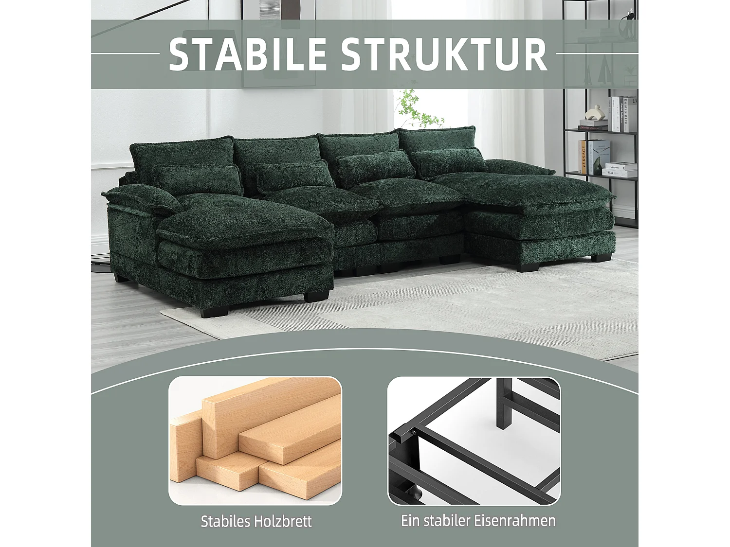 Sofá modular em U de 4 lugares - 261 x 134 x 82 cm - 4 almofadas lombares para apoio - tecido bouclé - verde