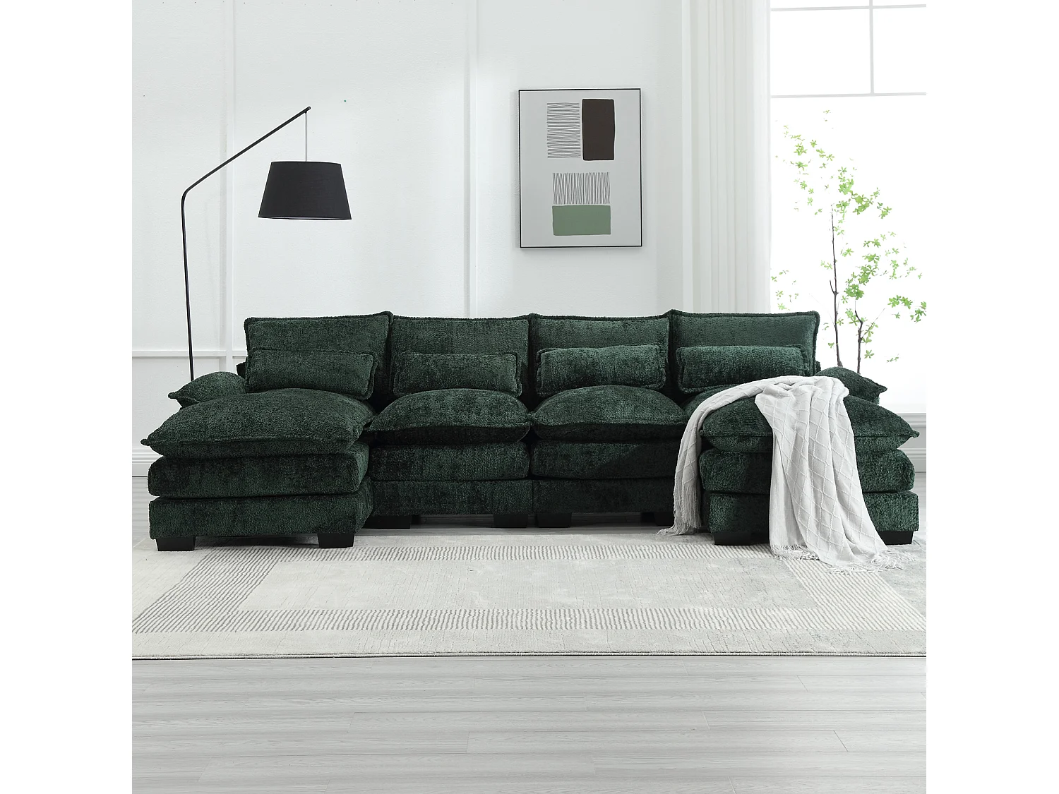 Sofá modular em U de 4 lugares - 261 x 134 x 82 cm - 4 almofadas lombares para apoio - tecido bouclé - verde