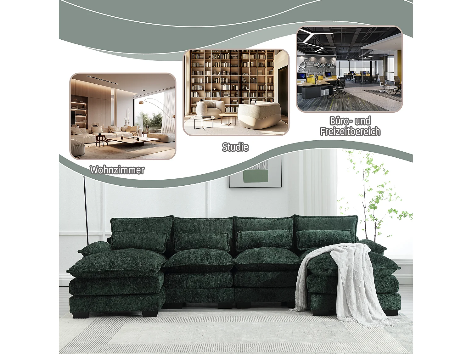 Sofá modular em U de 4 lugares - 261 x 134 x 82 cm - 4 almofadas lombares para apoio - tecido bouclé - verde