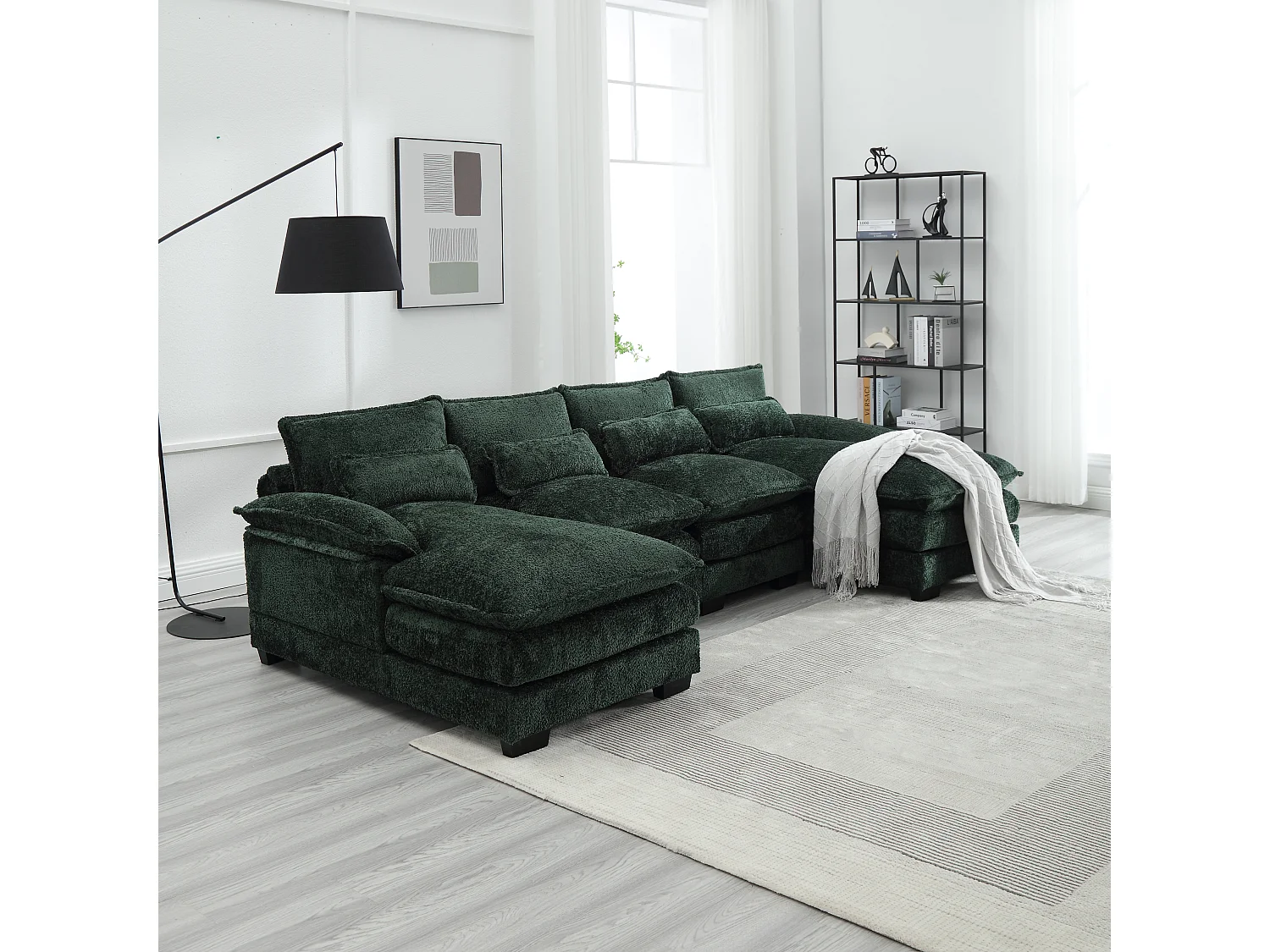 Sofá modular em U de 4 lugares - 261 x 134 x 82 cm - 4 almofadas lombares para apoio - tecido bouclé - verde