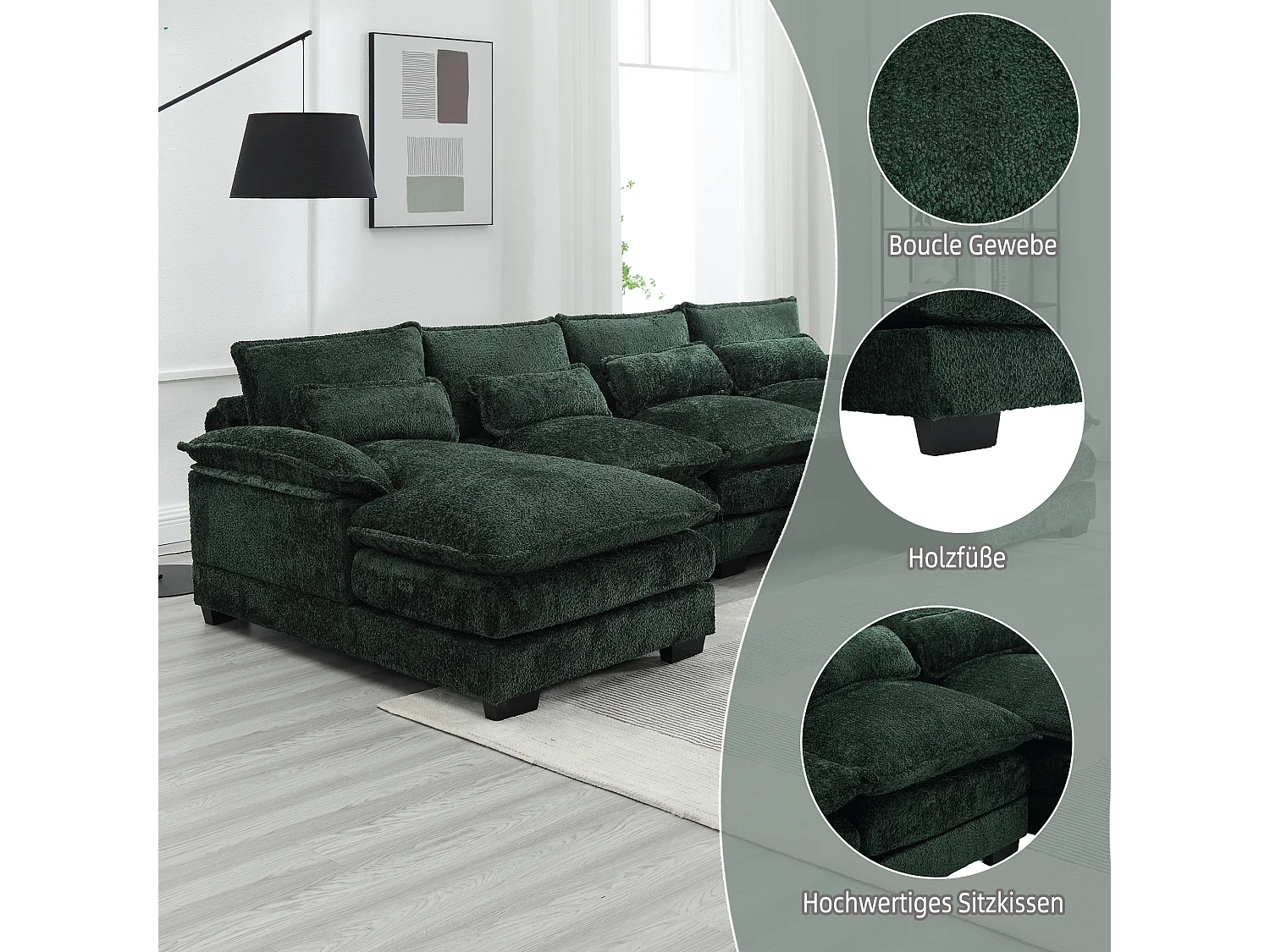 Sofá modular em U de 4 lugares - 261 x 134 x 82 cm - 4 almofadas lombares para apoio - tecido bouclé - verde