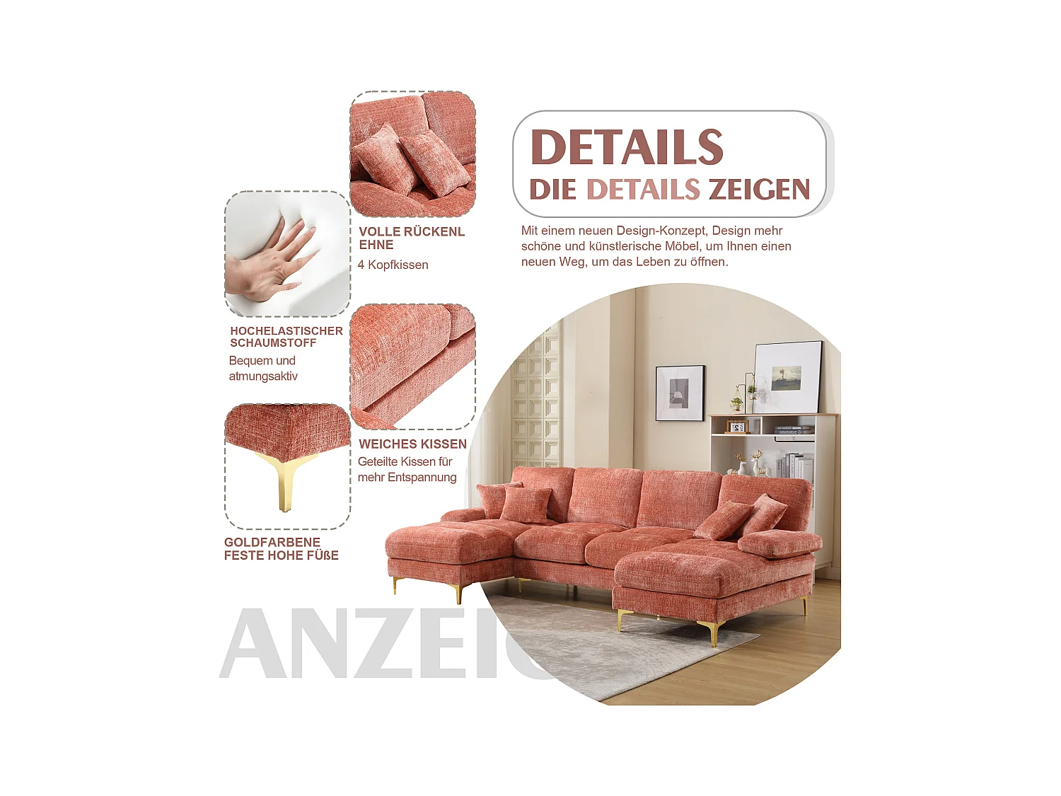 Canapé moderne en U - 272 x 136 x 88 cm - avec 2 places inclinables pour salon - velours - rose