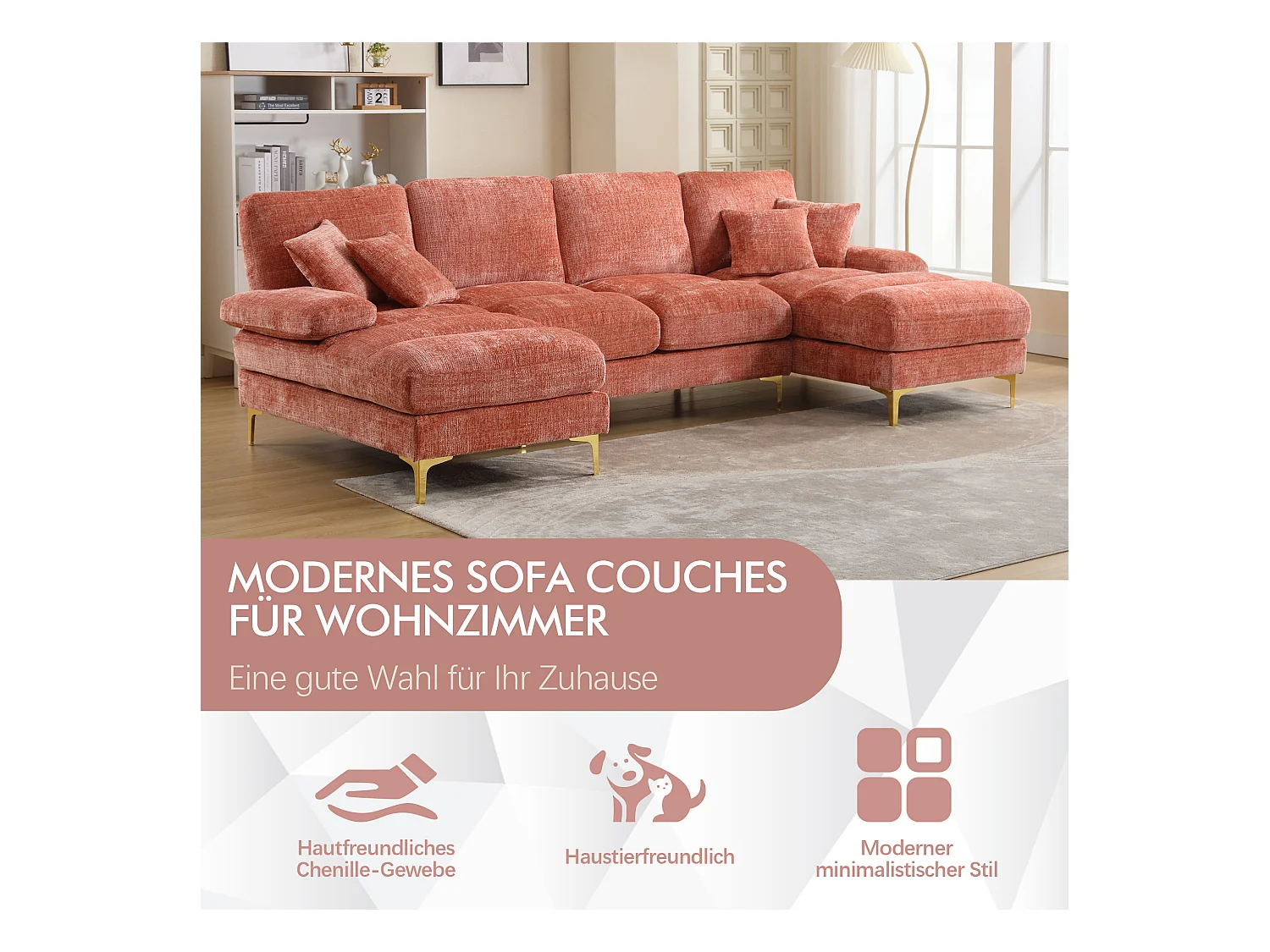 Canapé moderne en U - 272 x 136 x 88 cm - avec 2 places inclinables pour salon - velours - rose