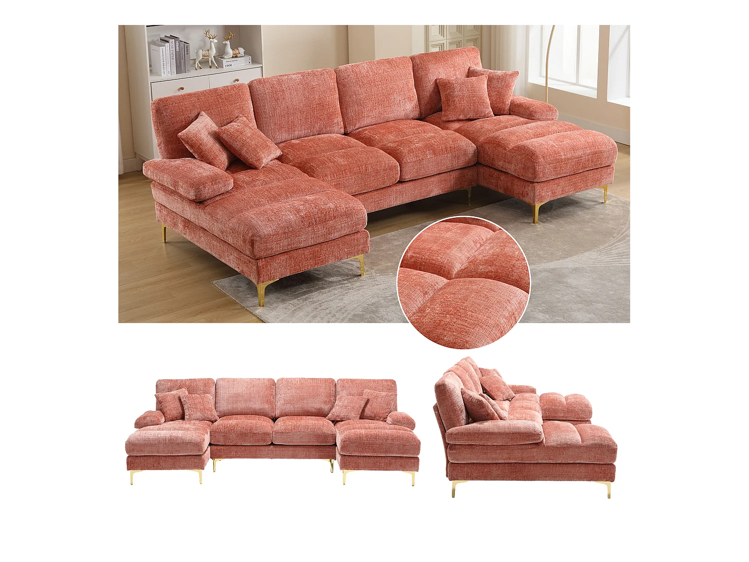 Modernes U-Sofa - 272 x 136 x 88 cm - mit 2 Liegesitzen fürs Wohnzimmer - Samt - rosa