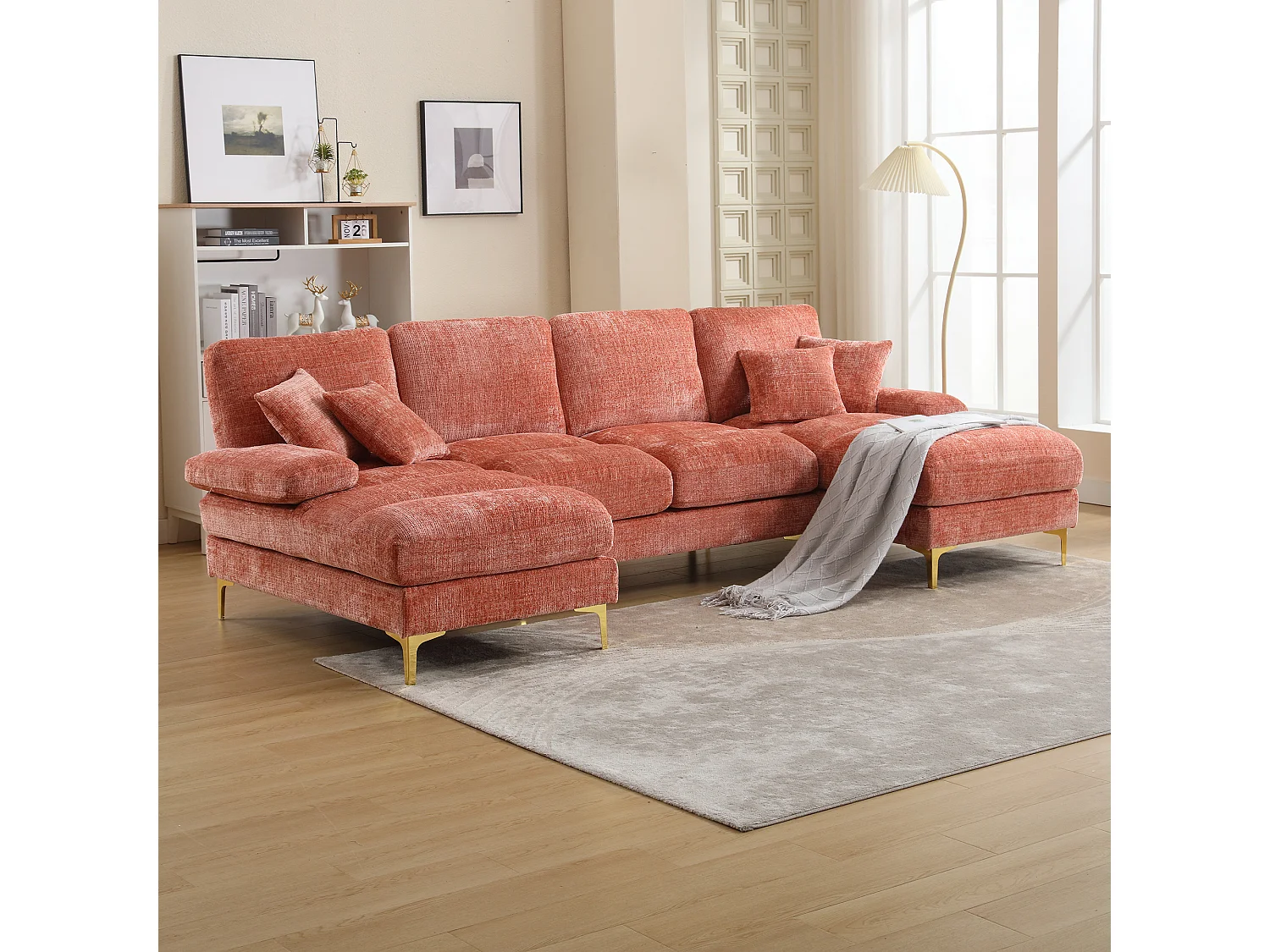 Divano moderno a U - 272 x 136 x 88 cm - con 2 sedute reclinabili per soggiorno - velluto - rosa