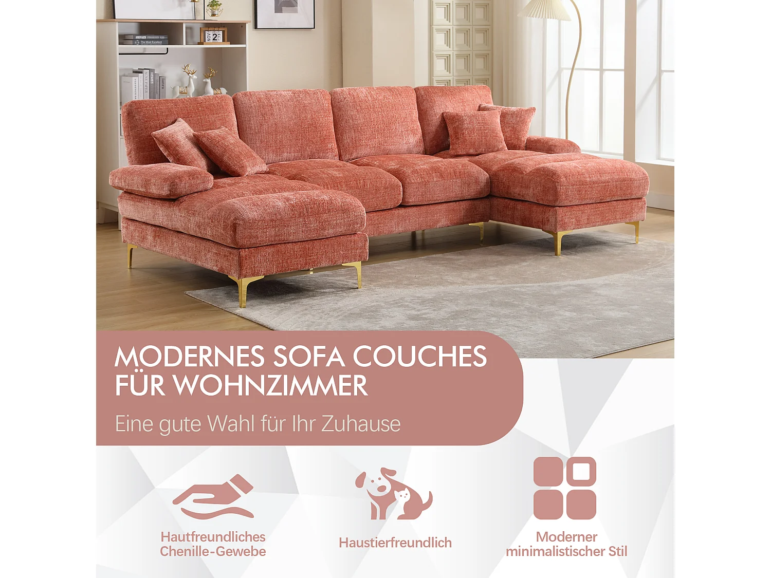 Divano moderno a U - 272 x 136 x 88 cm - con 2 sedute reclinabili per soggiorno - velluto - rosa