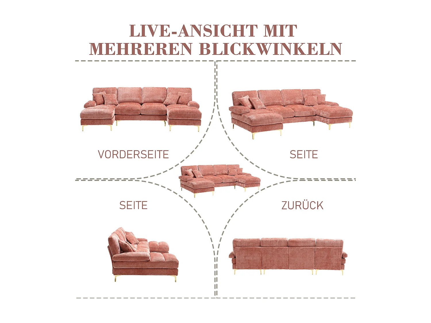 Canapé moderne en U - 272 x 136 x 88 cm - avec 2 places inclinables pour salon - velours - rose