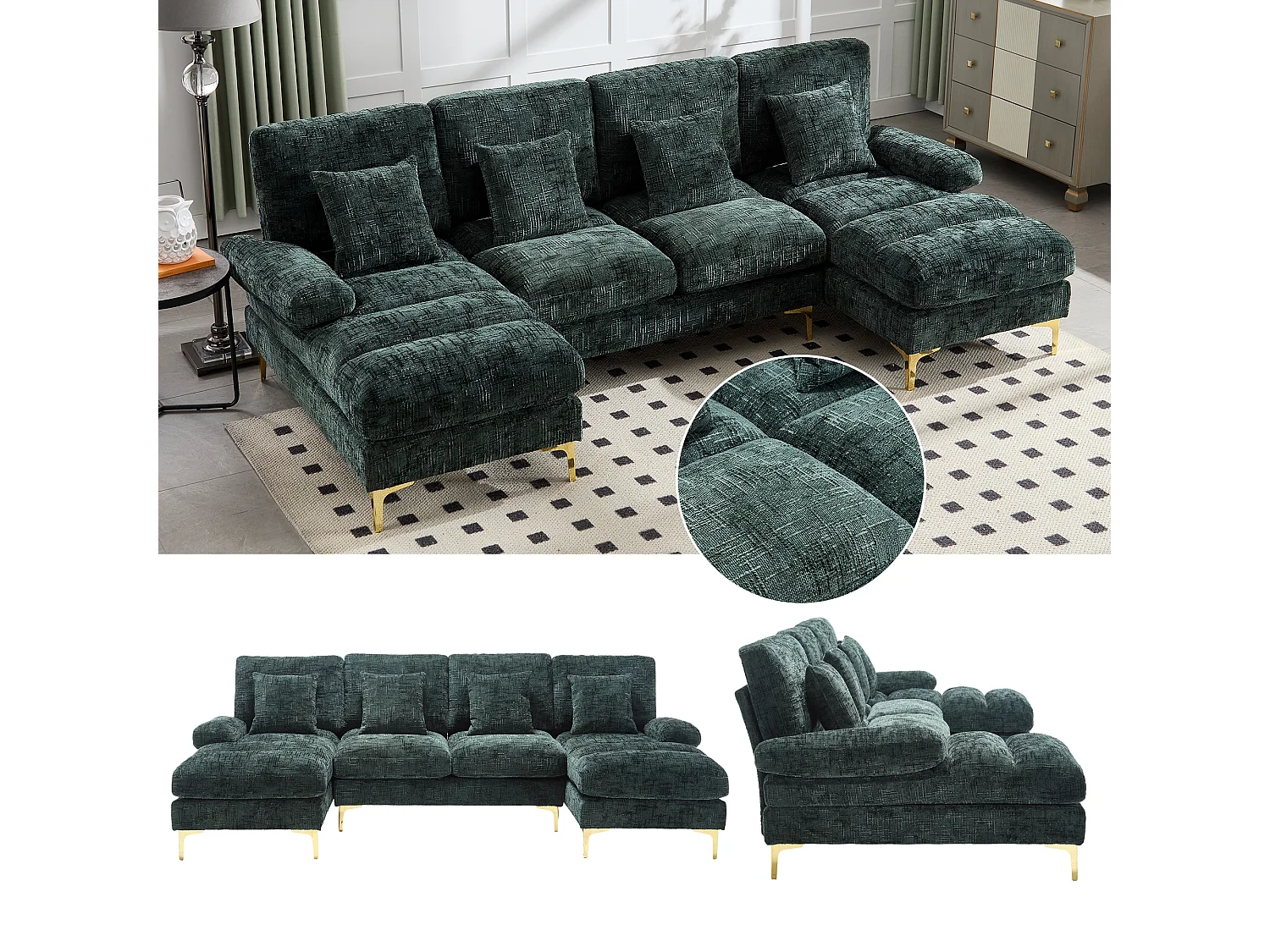 Canapé moderne en U - 272 x 136 x 88 cm - avec 2 places inclinables pour salon - velours - vert