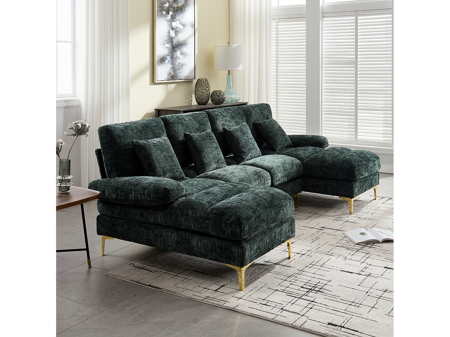 Divano moderno a U - 272 x 136 x 88 cm - con 2 sedute reclinabili per soggiorno - velluto - verde