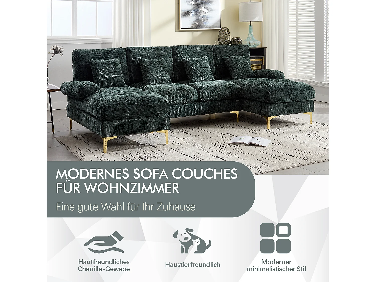 Nowoczesna sofa w kształcie litery U - 272 x 136 x 88 cm - z 2 rozkładanymi siedziskami do salonu - aksamit - zielona
