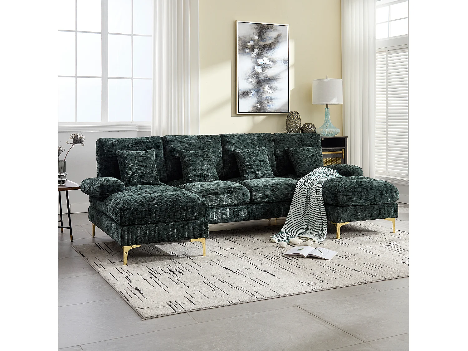 Nowoczesna sofa w kształcie litery U - 272 x 136 x 88 cm - z 2 rozkładanymi siedziskami do salonu - aksamit - zielona