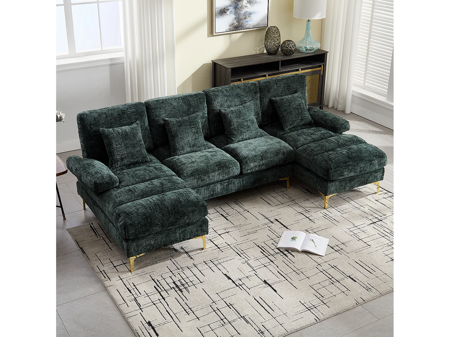 Nowoczesna sofa w kształcie litery U - 272 x 136 x 88 cm - z 2 rozkładanymi siedziskami do salonu - aksamit - zielona