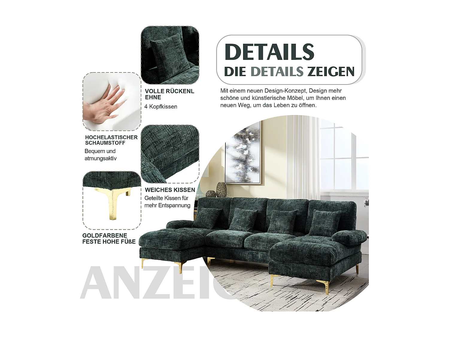 Nowoczesna sofa w kształcie litery U - 272 x 136 x 88 cm - z 2 rozkładanymi siedziskami do salonu - aksamit - zielona