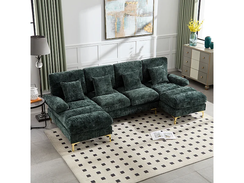 Nowoczesna sofa w kształcie litery U - 272 x 136 x 88 cm - z 2 rozkładanymi siedziskami do salonu - aksamit - zielona