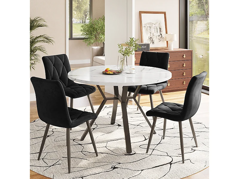 Conjunto de 5 mesas e cadeiras de jantar - 100 x 100 x 75 cm - mesa com pés de metal + 4 cadeiras ergonômicas - MDF + Metal - preto