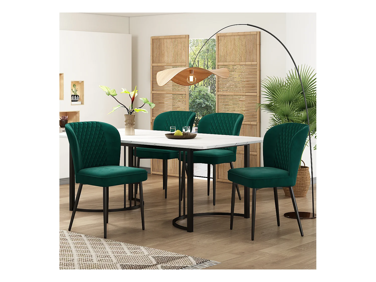 Lot de 5 table à manger et chaises - 140 x 80 x 75 cm - table à pieds noir - velours + MDF - vert foncé