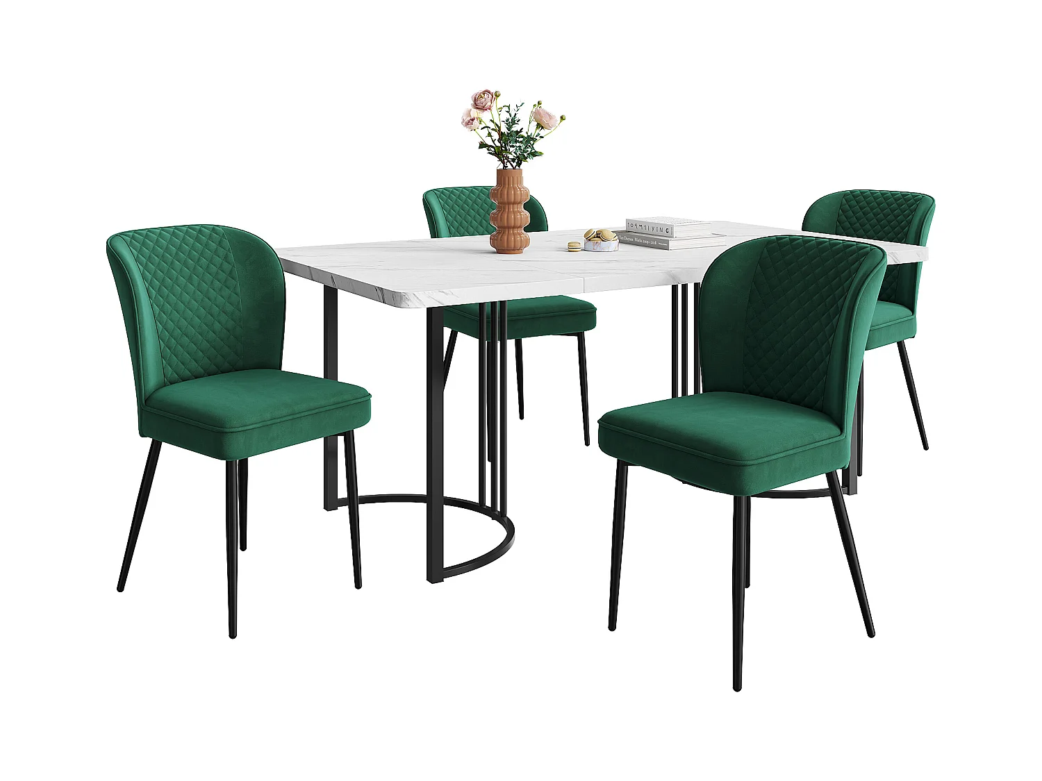 Lot de 5 table à manger et chaises - 140 x 80 x 75 cm - table à pieds noir - velours + MDF - vert foncé