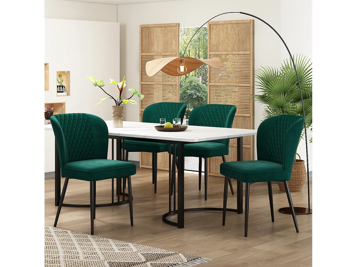 Lot de 5 table à manger et chaises - 140 x 80 x 75 cm - table à pieds noir - velours + MDF - vert foncé