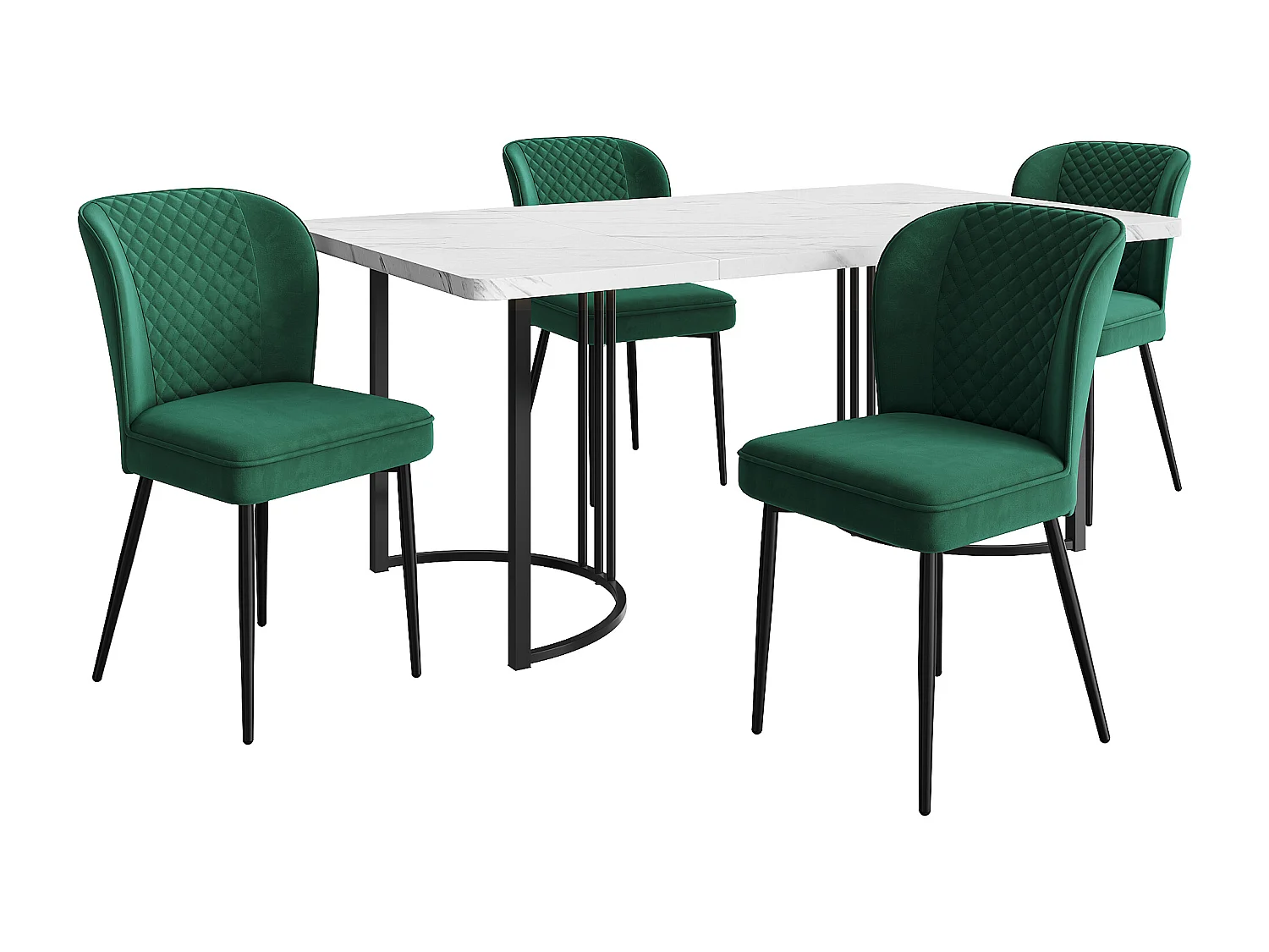 Lot de 5 table à manger et chaises - 140 x 80 x 75 cm - table à pieds noir - velours + MDF - vert foncé
