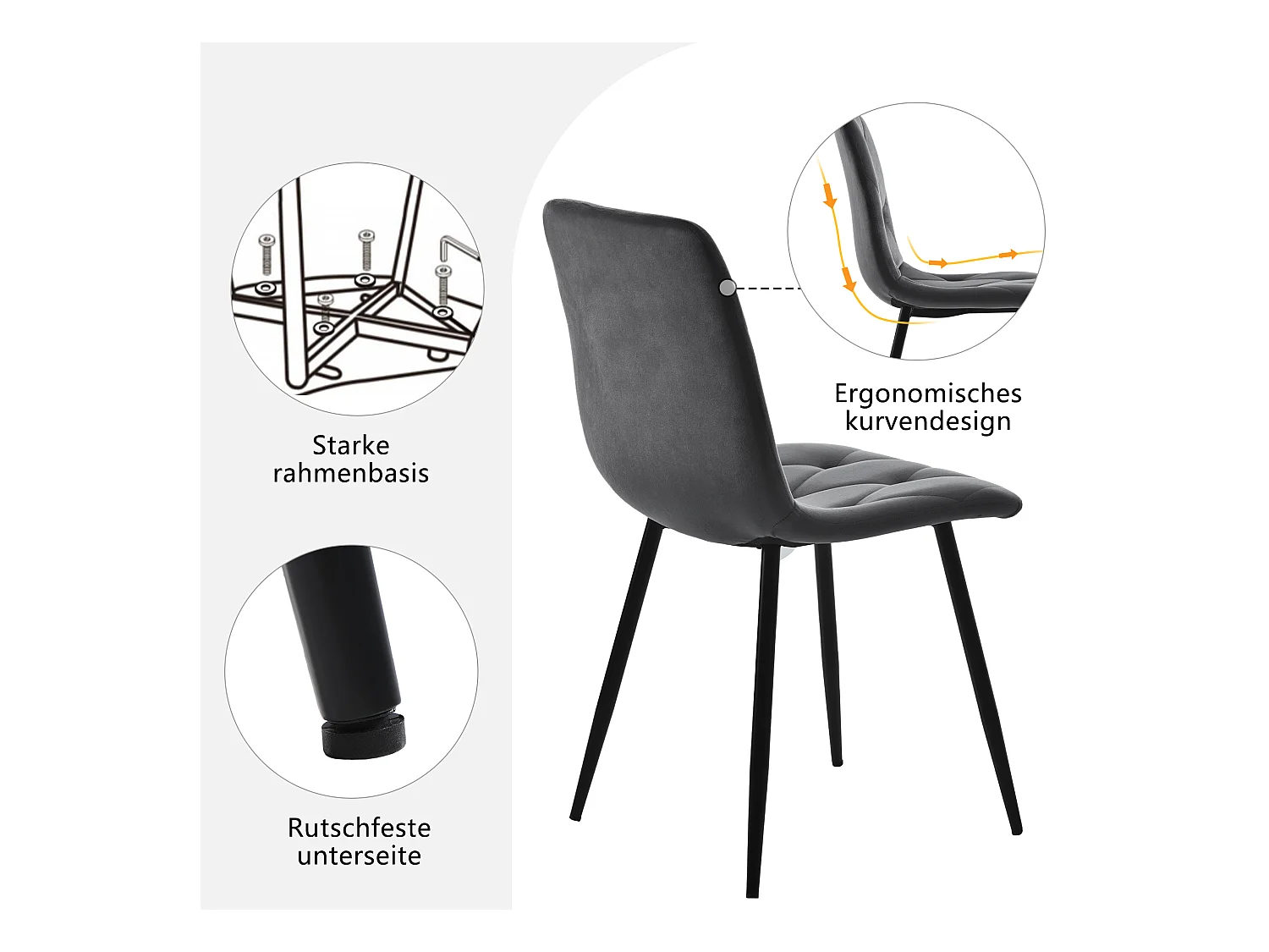 Lot de 5 table à manger et chaises - 100 x 100 x 75 cm - table à pieds métal + 4 chaises ergonomiques  - MDF + Métal - gris