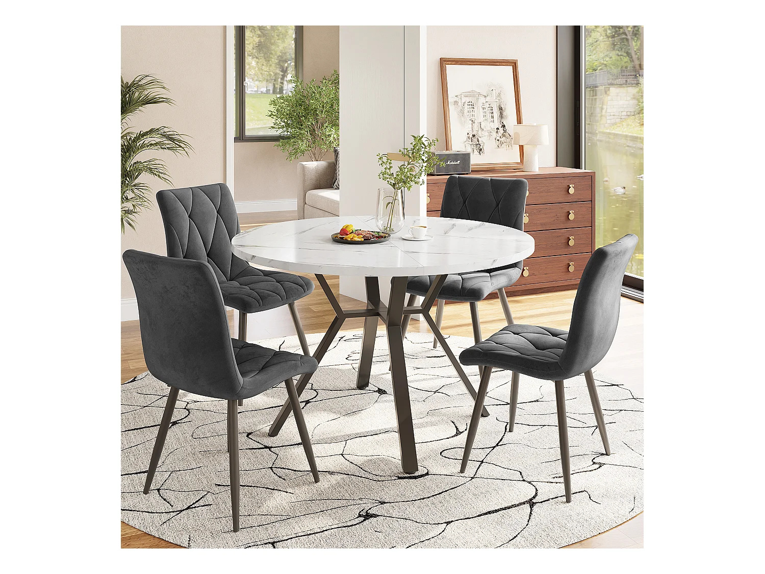5er-Set Esstische und Stühle – 100 x 100 x 75 cm – Tisch mit Metallbeinen + 4 ergonomische Stühle – MDF + Metall – Grau