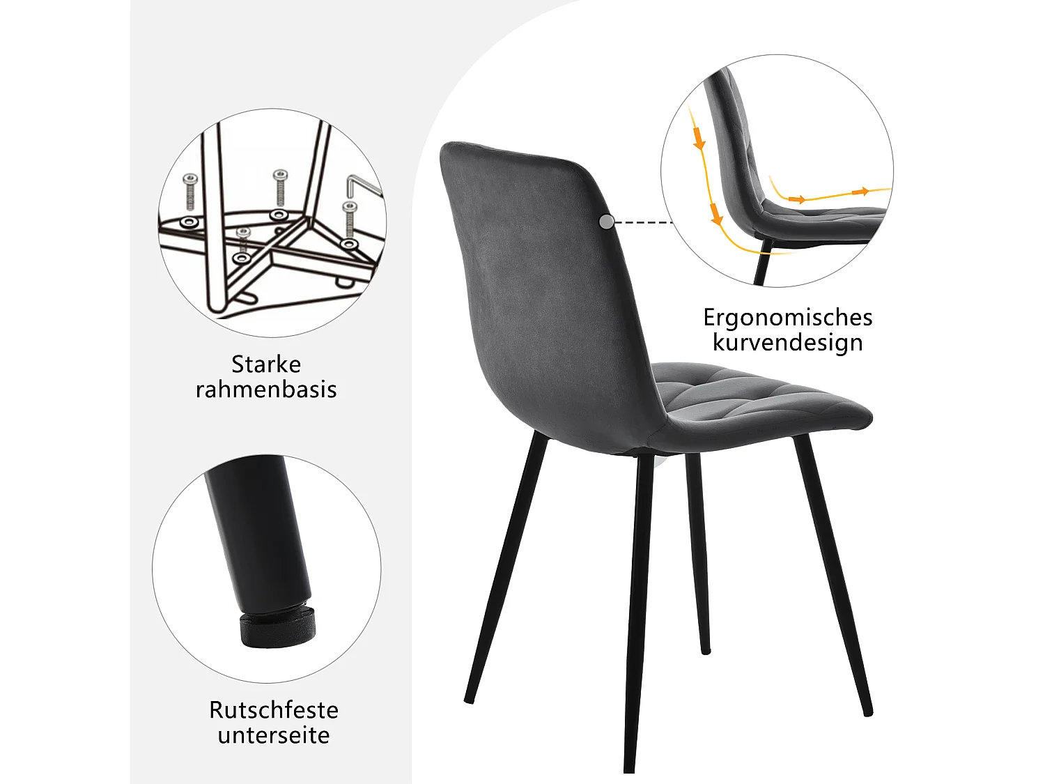 Lot de 5 table à manger et chaises - 100 x 100 x 75 cm - table à pieds métal + 4 chaises ergonomiques  - MDF + Métal - gris