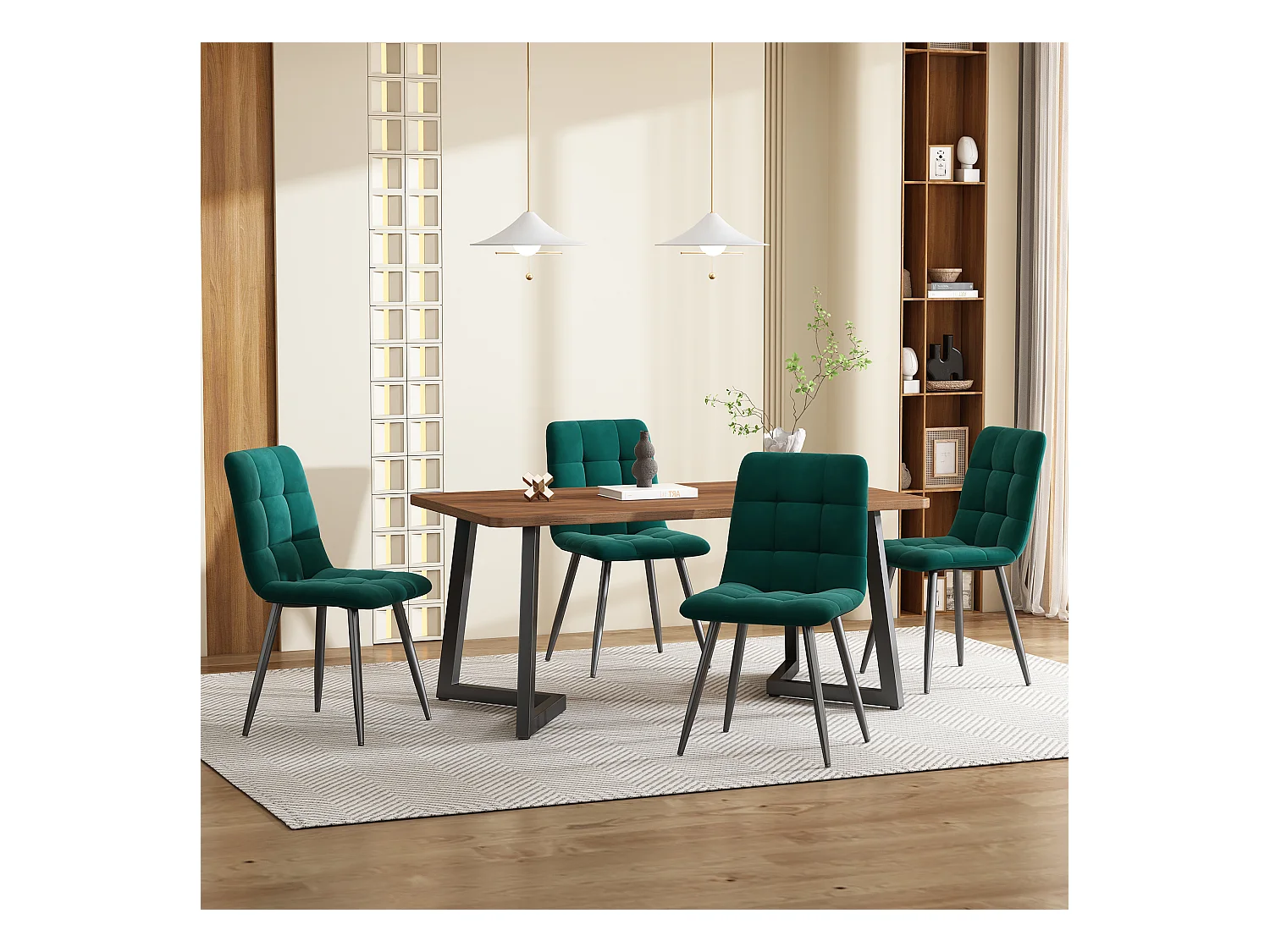 Lot de 5 table à manger et chaises - 117 x  68 x 75 cm - Table pieds noir + 4 chaises ​- MDF - vert