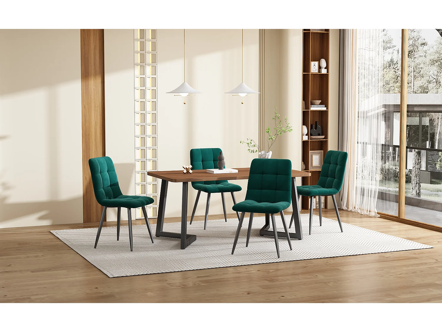 Lot de 5 table à manger et chaises - 117 x  68 x 75 cm - Table pieds noir + 4 chaises ​- MDF - vert