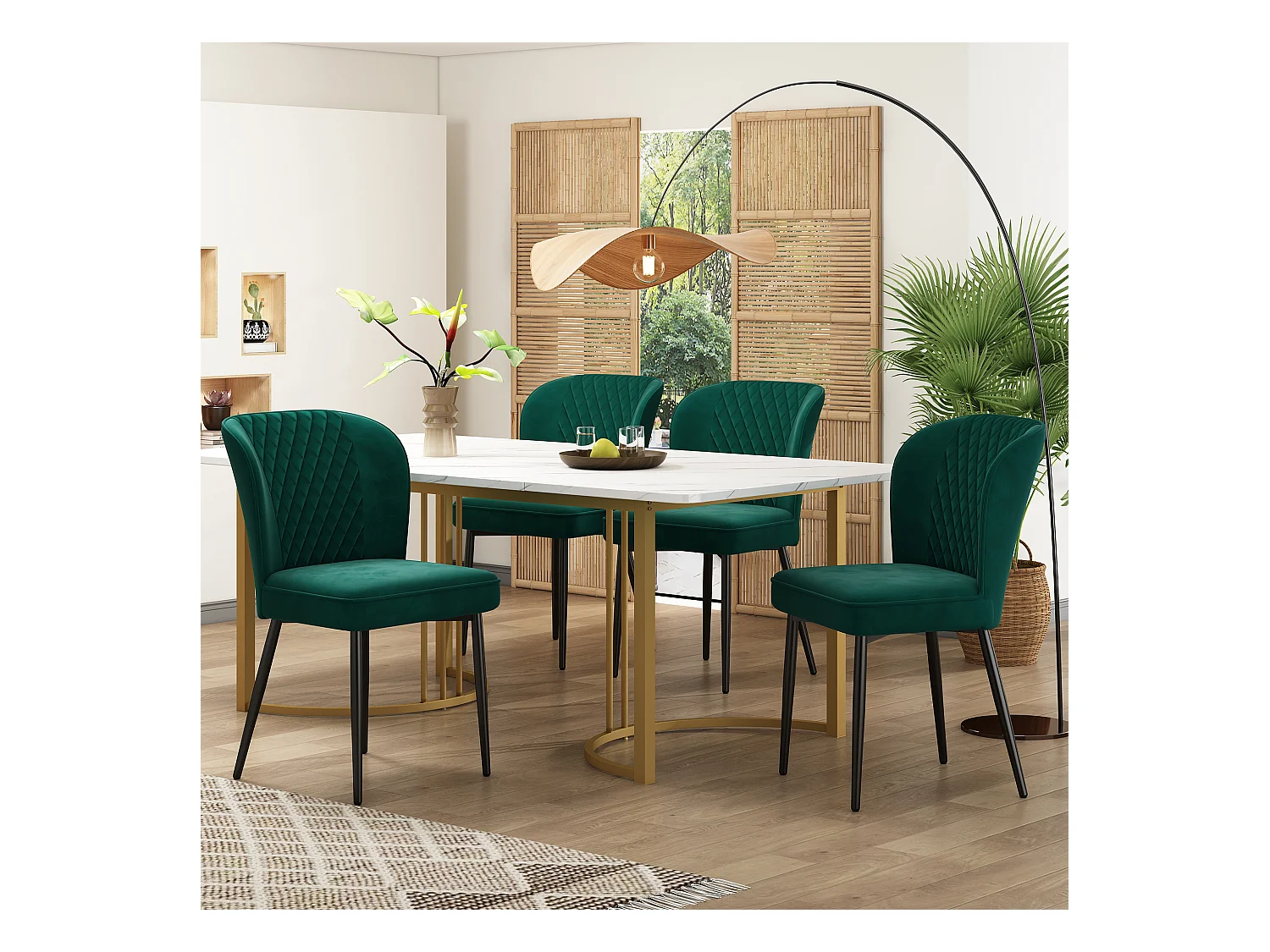 Lot de 5 table à manger et chaises - 140 x 80 x 75 cm - table à pieds or - velours + MDF - vert foncé