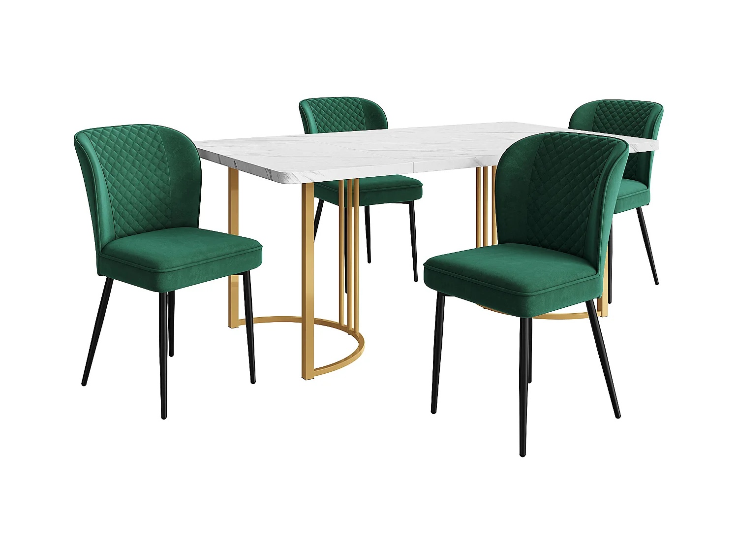 Lot de 5 table à manger et chaises - 140 x 80 x 75 cm - table à pieds or - velours + MDF - vert foncé