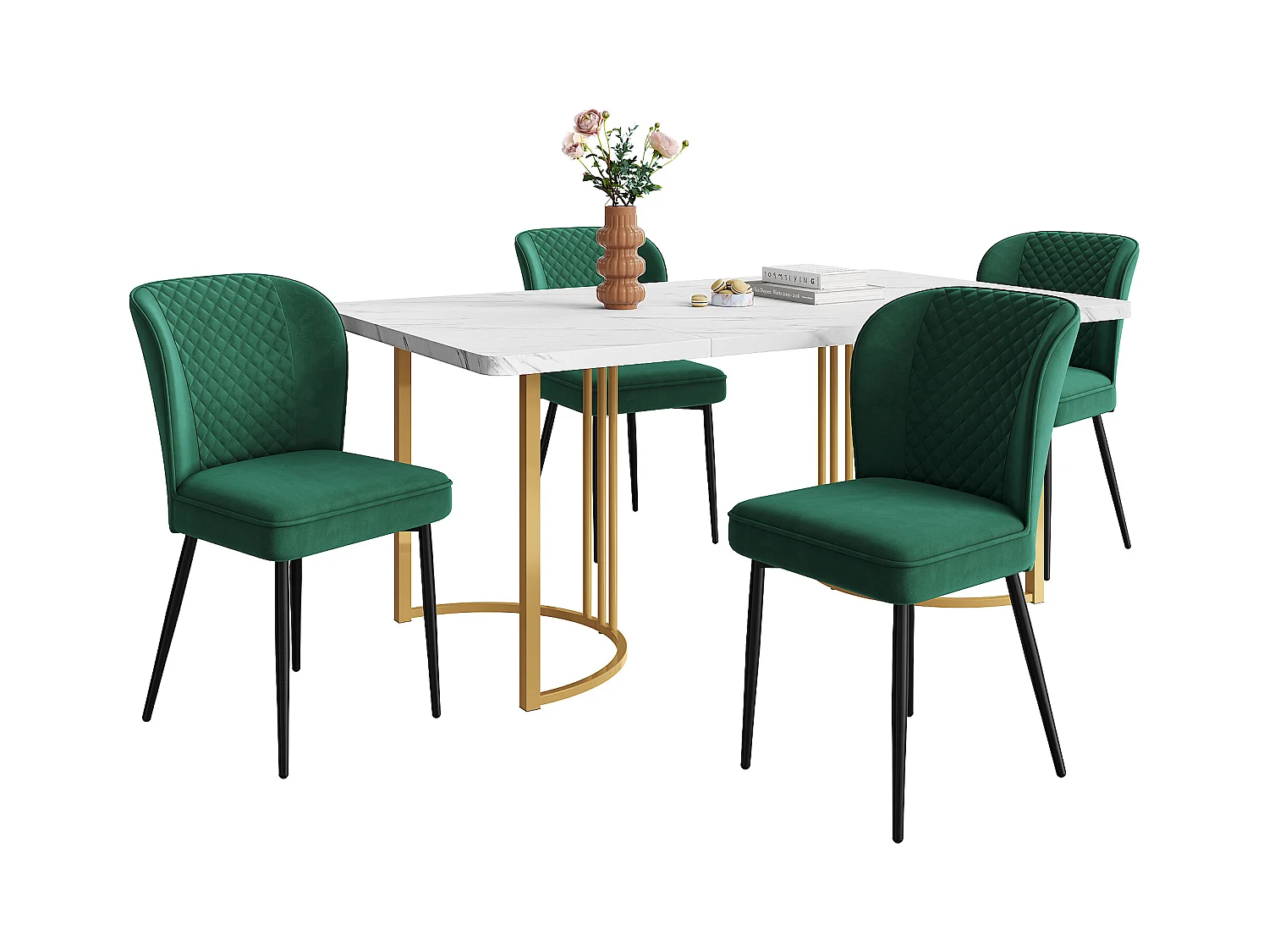 Lot de 5 table à manger et chaises - 140 x 80 x 75 cm - table à pieds or - velours + MDF - vert foncé