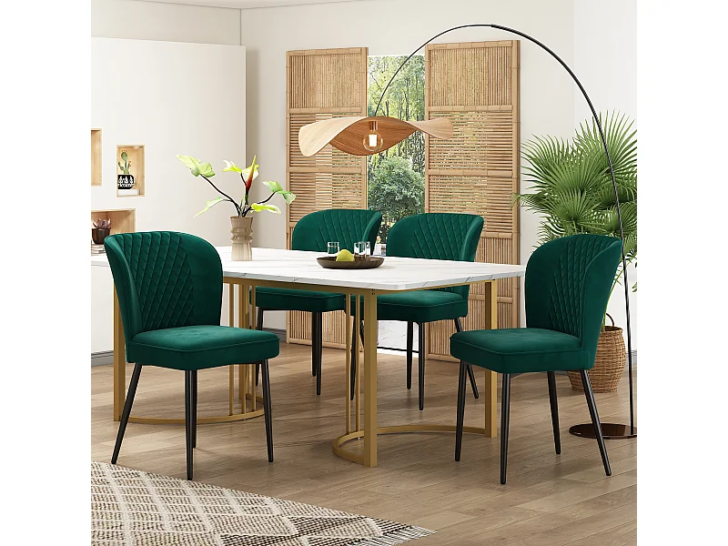 Lot de 5 table à manger et chaises - 140 x 80 x 75 cm - table à pieds or - velours + MDF - vert foncé