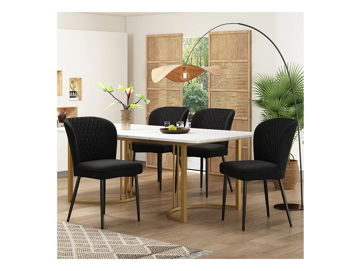 Lot de 5 table à manger et chaises - 140 x 80 x 75 cm - table à pieds or - velours + MDF - noir