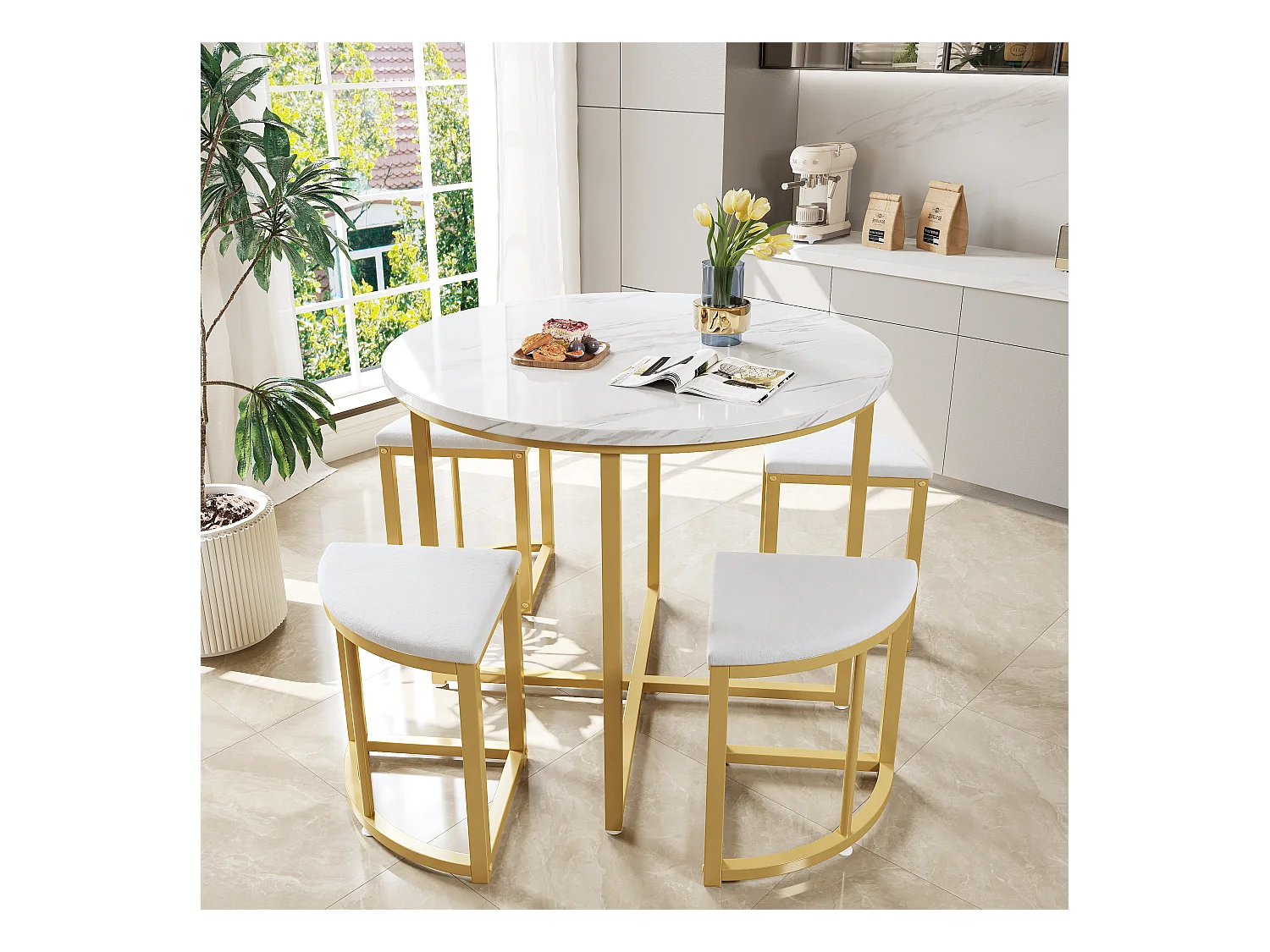 Lot de 5 table à manger et chaises - 80 x 80 x 75 cm - table à pieds doré + 4 chaises - MDF - blanc